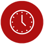 Icon of a clock with white hands and hour markers on a red circular background. The clock shows the time as 10:10.